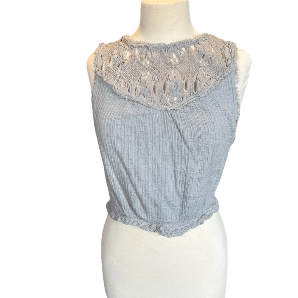 Free People Large  Gauze Lace Crochet Tie Back Crop Top Gray High Neck